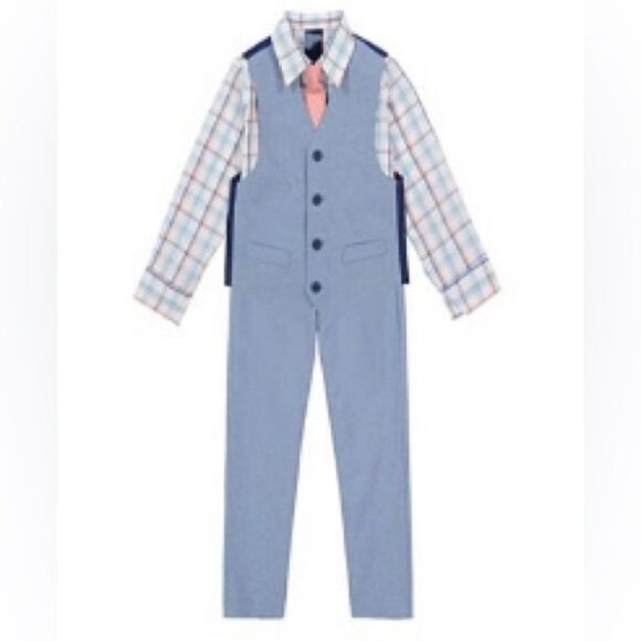 New Boy Izod 4-piece set Light Blue Plaid Vest Pants Plaid Shirt Tie Size 6 - Picture 1 of 8